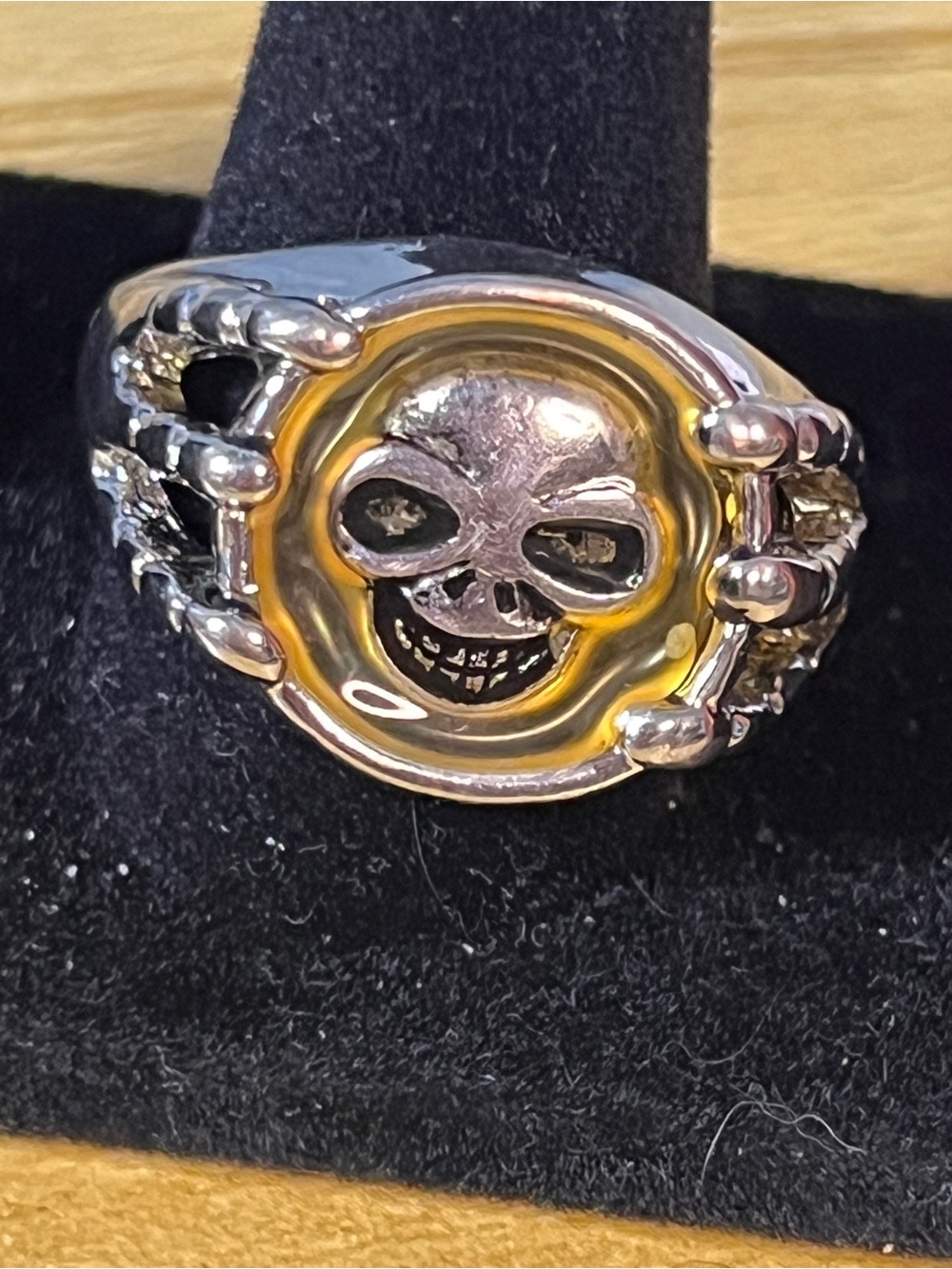 Silver Skull Ring with Gold-Tone Accent